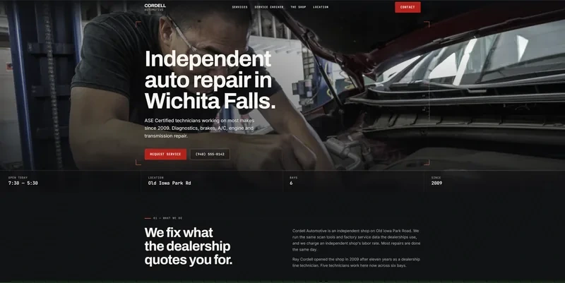 Cordell Automotive home page: a technician working under a hood behind the headline Independent auto repair in Wichita Falls.