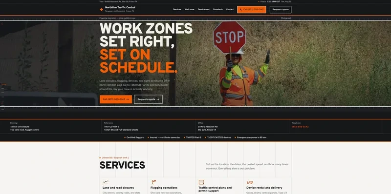 Northline Traffic Control home page: a flagger holding a stop paddle behind the headline Work zones set right, set on schedule.