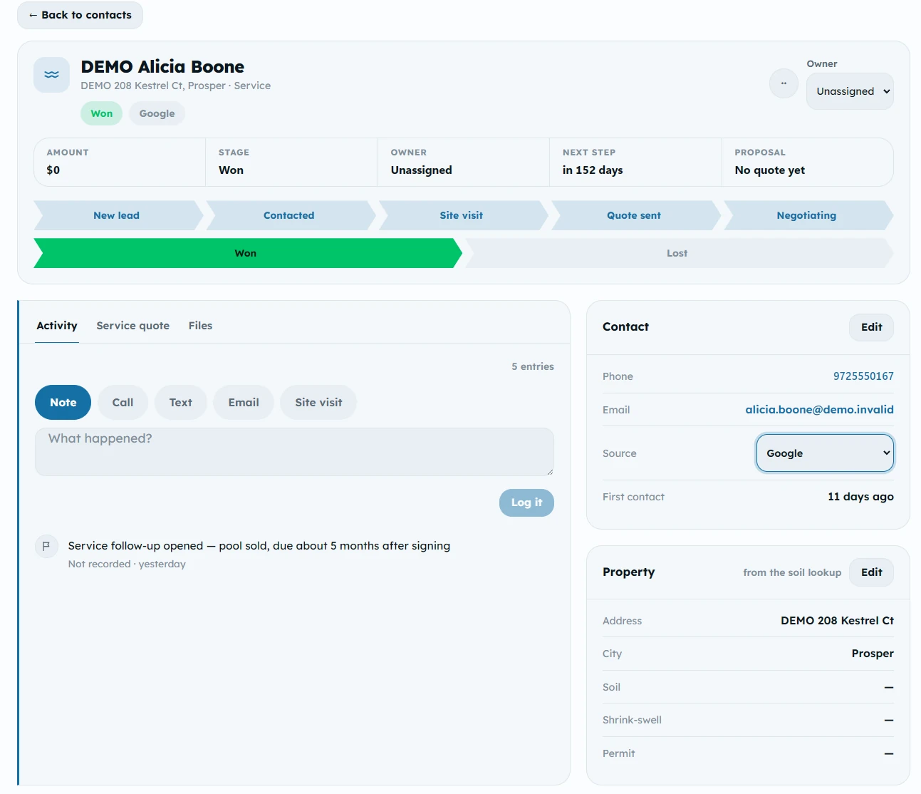 One customer record: the deal marked won, a stage rail running from new lead through to won, an activity log with a service follow-up note, and panels carrying the contact details and the property the pool sits on.