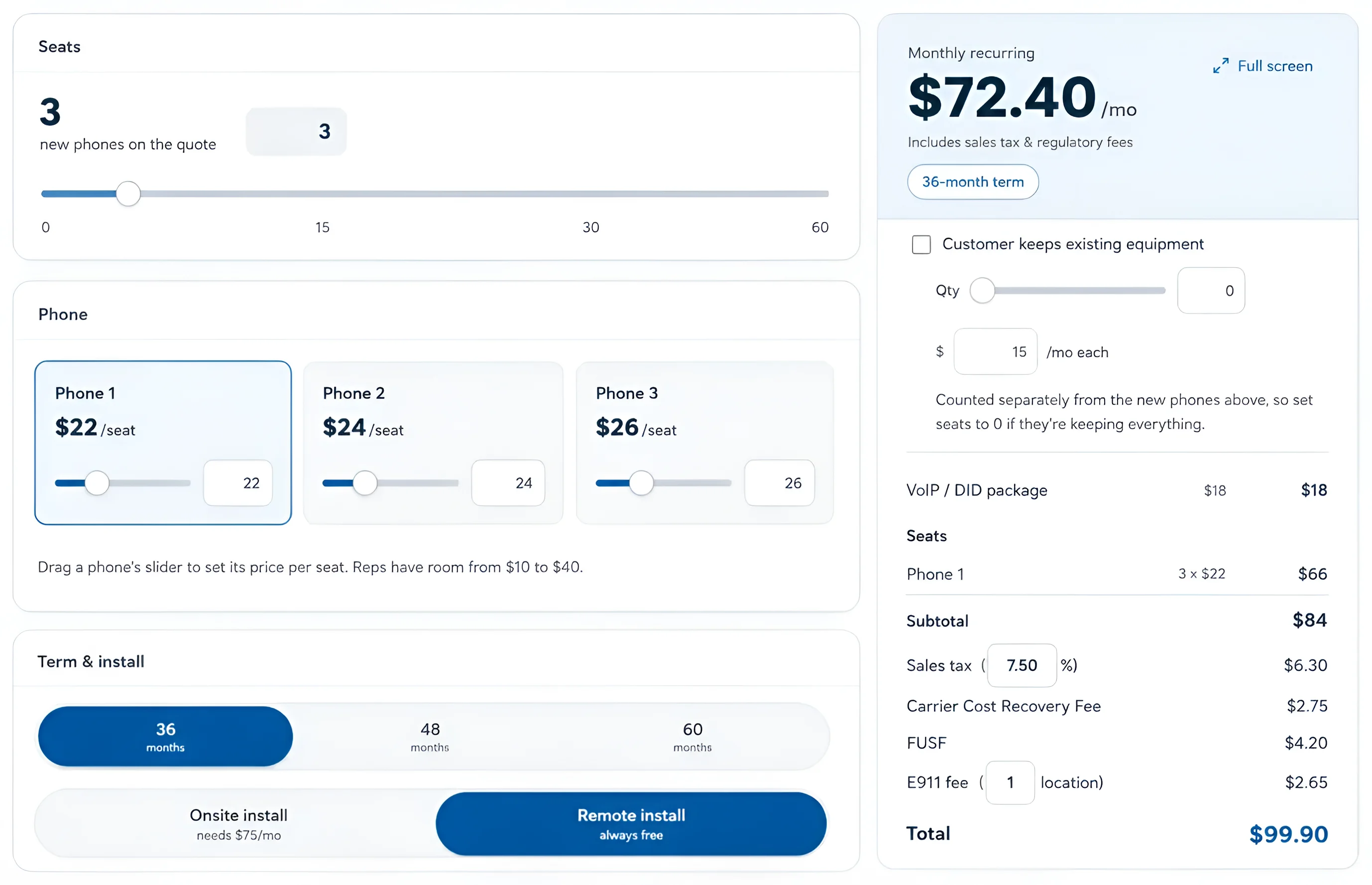 Quote builder with seat count, phone selection, term and install options on the left, and an itemized monthly total with tax and regulatory fees on the right.